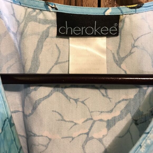 Cherokee Winter Birds Blue  Wrap Top Women's L Cotton Poly Scrubs Loops Pockets - Picture 4 of 6